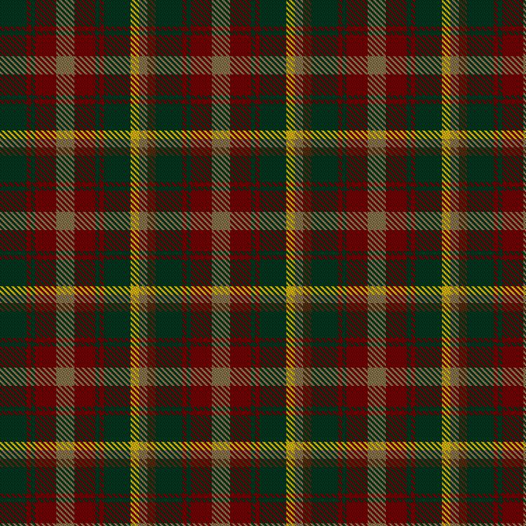 Dark red with gold and brown stripes to make the Maple Leaf tartan - recognized as the Canadian tartan.